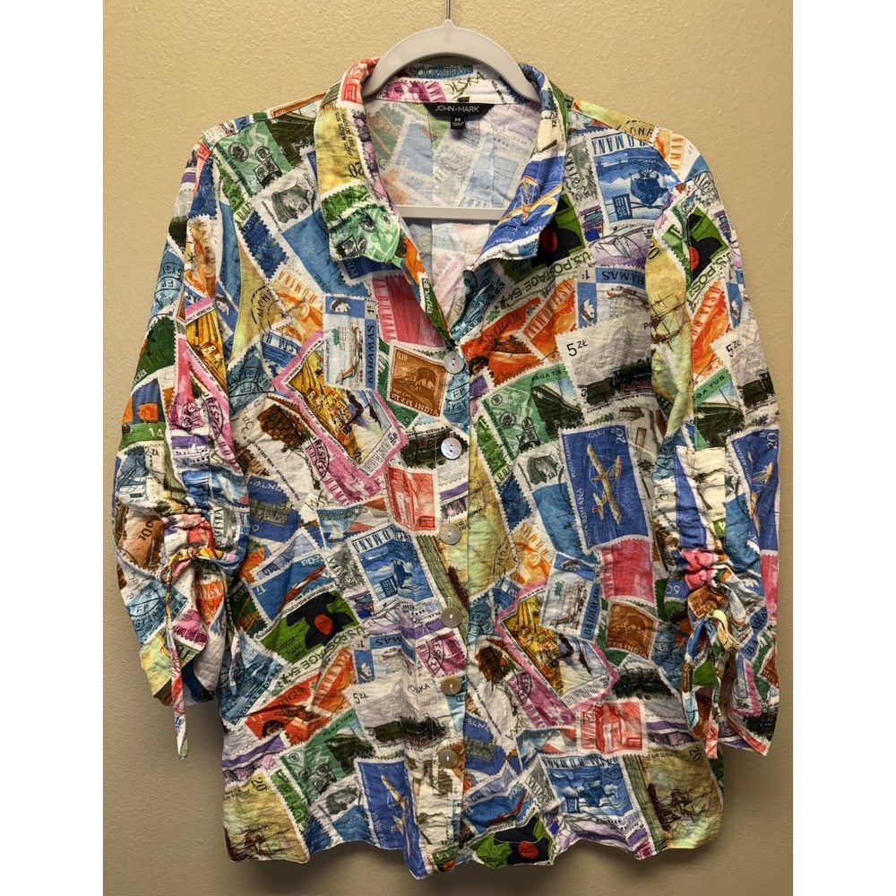 John Mark Print Button Front Cinch Sleeve Top Medium Travel Postage Stamps